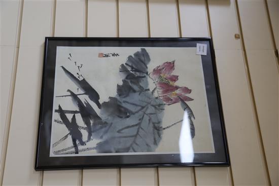 Chinese School, watercolour on paper, Mongolian sitar player on horseback, 44 x 24cm and a plant study, 43 x 34cm